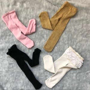 American Girl: Set of 4 tights. Pink, gold, black, cream. EUC.
